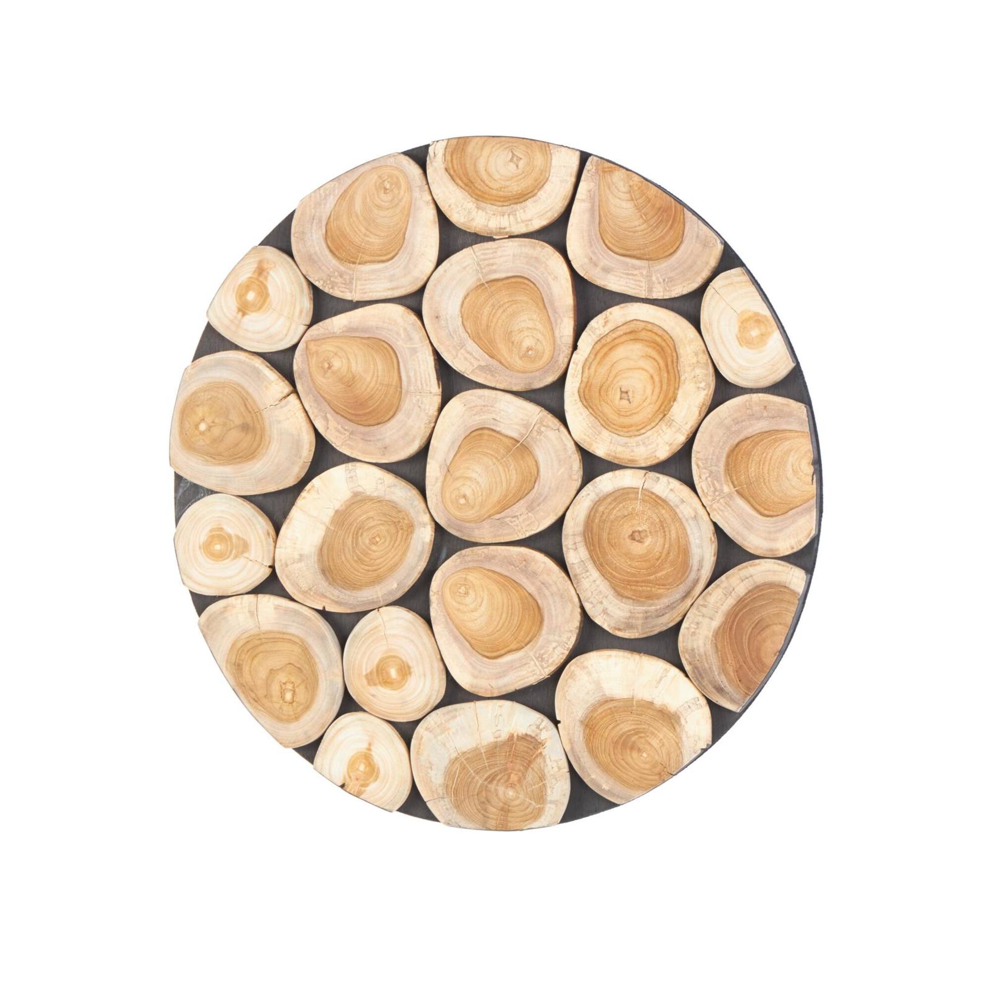 24" x 24" Brown Teak Wood Abstract Handmade Round Mosaic Inspired Wood Slab with Black Backing Wall Décor